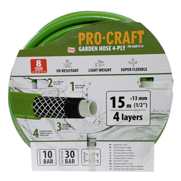 Zelená zahradní hadice Procraft PR-4GH1315 4 vrstvy, 1/2" 15 m | PR-4GH1315