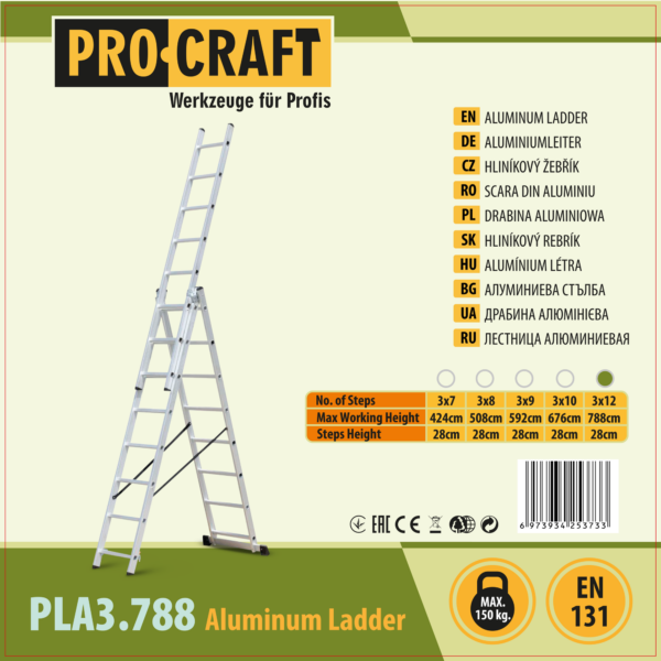 Žebřík hliníkový třídílný 3x12 Procraft PLA3.788 | PLA3.788